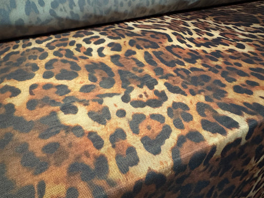 Power mesh net stretch spandex fabric, per metre - leopard animal print - brown