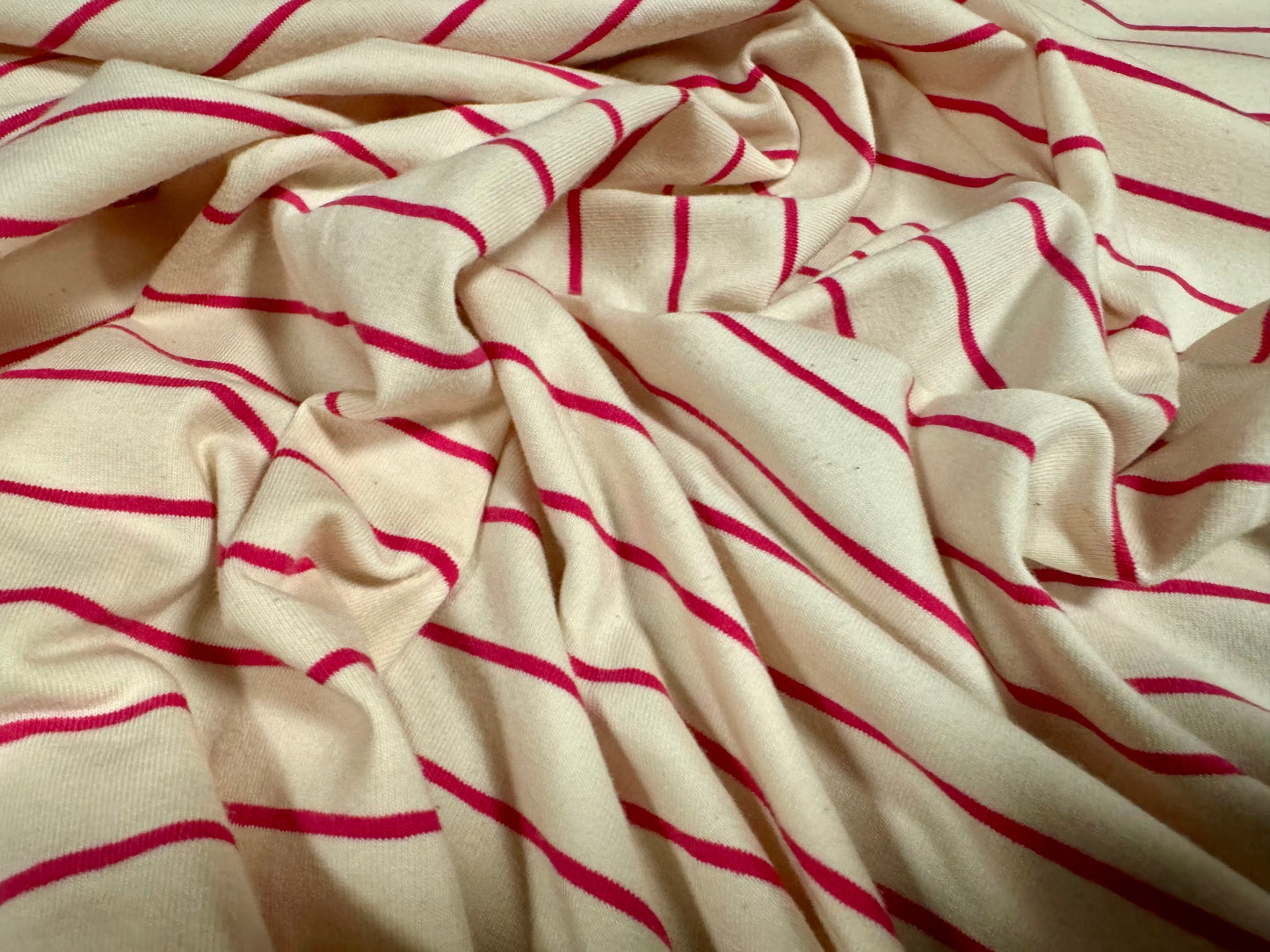 Cotton spandex stretch single jersey fabric, per metre - stripe - cream & pink