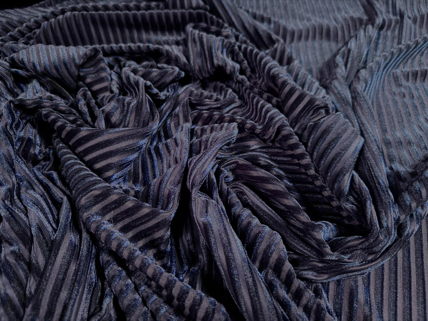 Spandex velvet stretch dress fabric, per metre - burnout ribbed stripe - navy blue