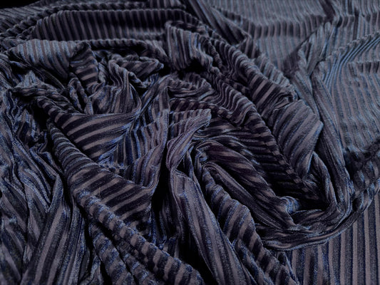 Spandex velvet stretch dress fabric, per metre - burnout ribbed stripe - navy blue