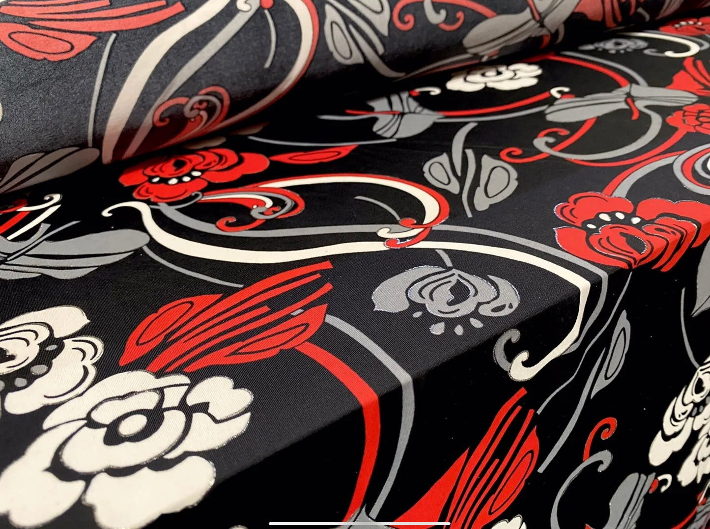 Stretch spandex single jersey fabric, per metre - floral print with glitter - red black & white