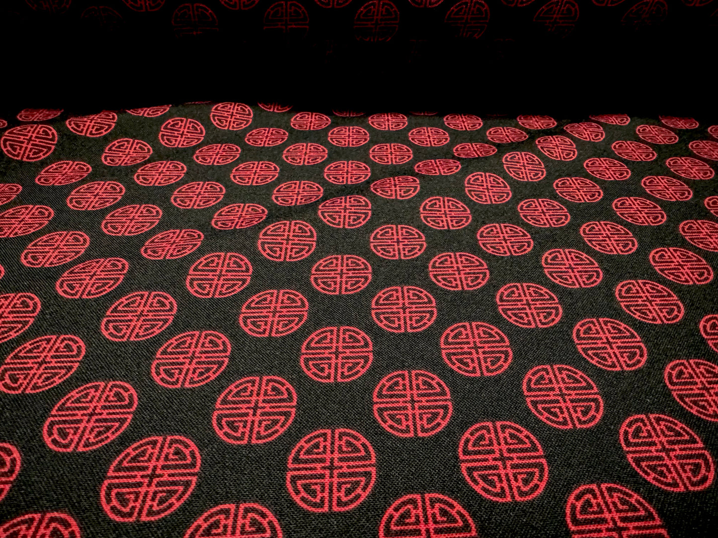 Panama woven fashion fabric, per metre - Chinese Lu Good Fortune print - black & wine