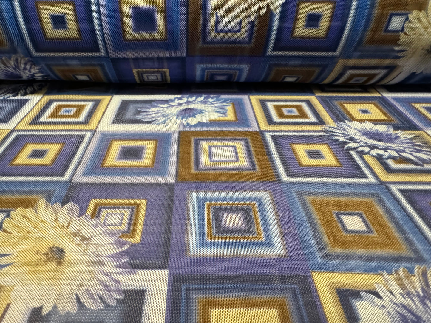 Power mesh net stretch spandex fabric, per metre - flowers and squares print - blue & cream