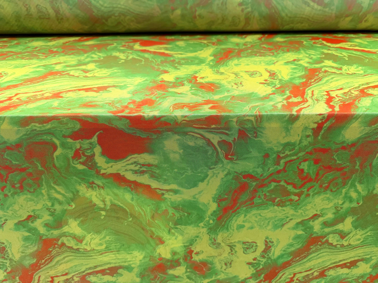 Power mesh net stretch spandex fabric, per metre - abstract print - acid lime & orange