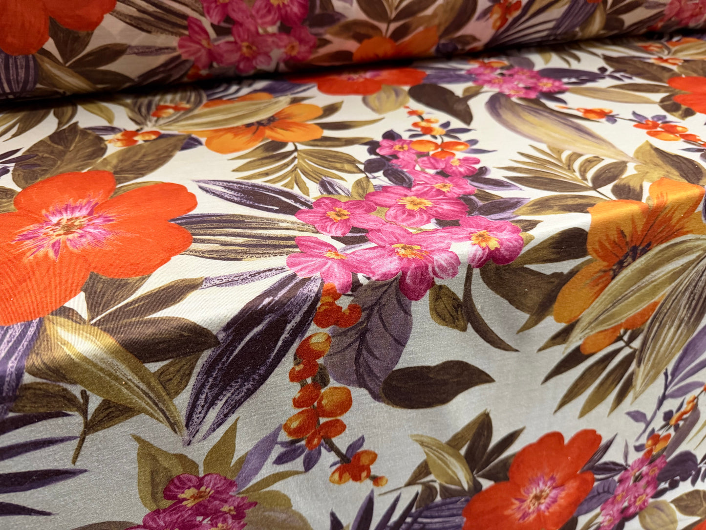 Soft handle single jersey fabric, per metre - jungle flowers print - multicolour