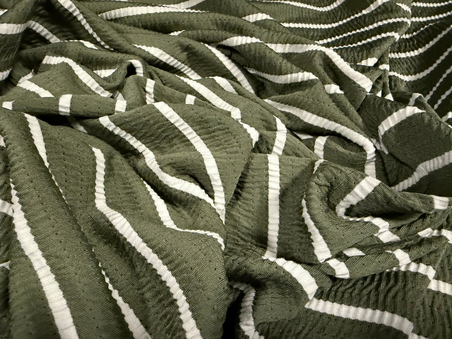Stretch crinkle jersey fashion fabric, per metre - stripe - khaki green & white