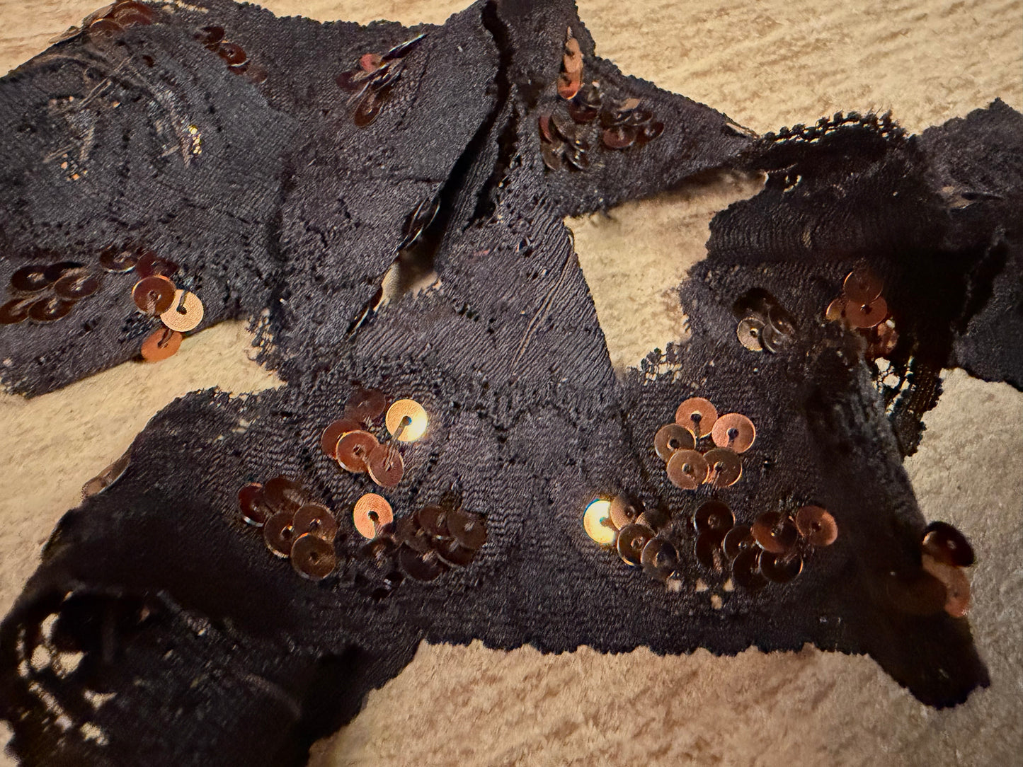 Scalloped lace edging trim fabric with sequins - stretch - brown