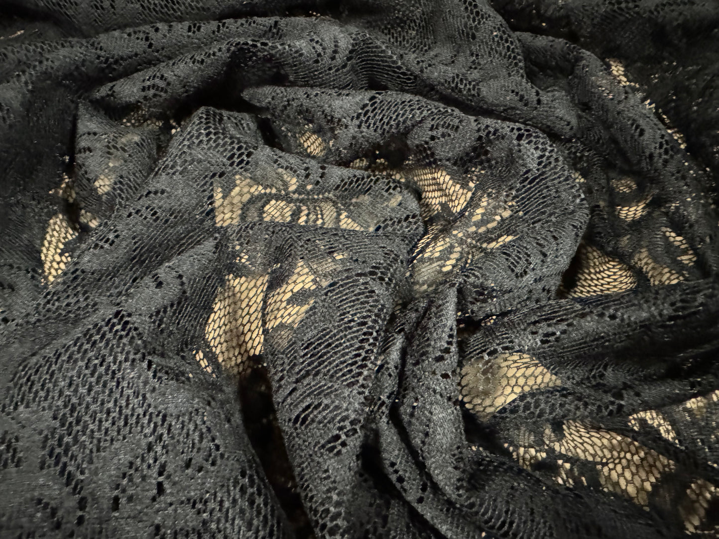 Lightweight mesh lace fabric, per metre - floral pattern - black