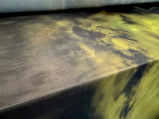 Power mesh net stretch spandex fabric, per metre - stylised sunflower print - black & green