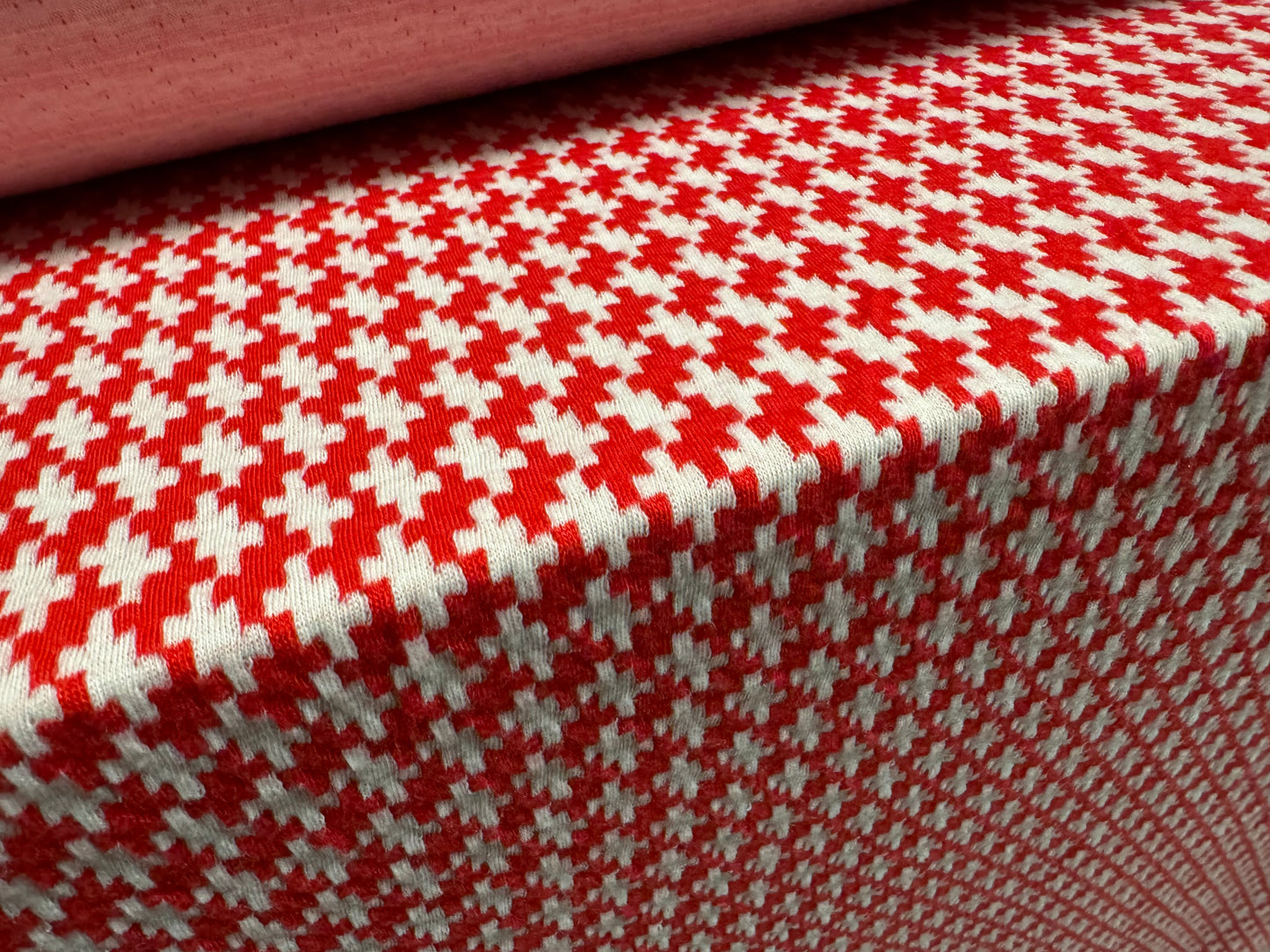 Soft stretch double jersey fabric, per metre - houndstooth jacquard - red & white