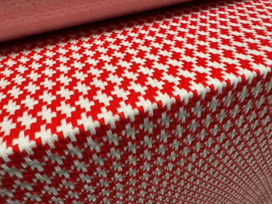 Soft stretch double jersey fabric, per metre - houndstooth jacquard - red & white