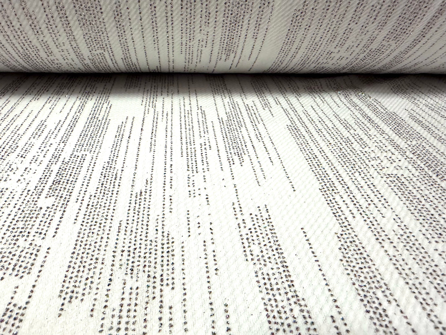 Waterfall stretch double jersey fabric, per metre - rainfall glitter print - white & silver
