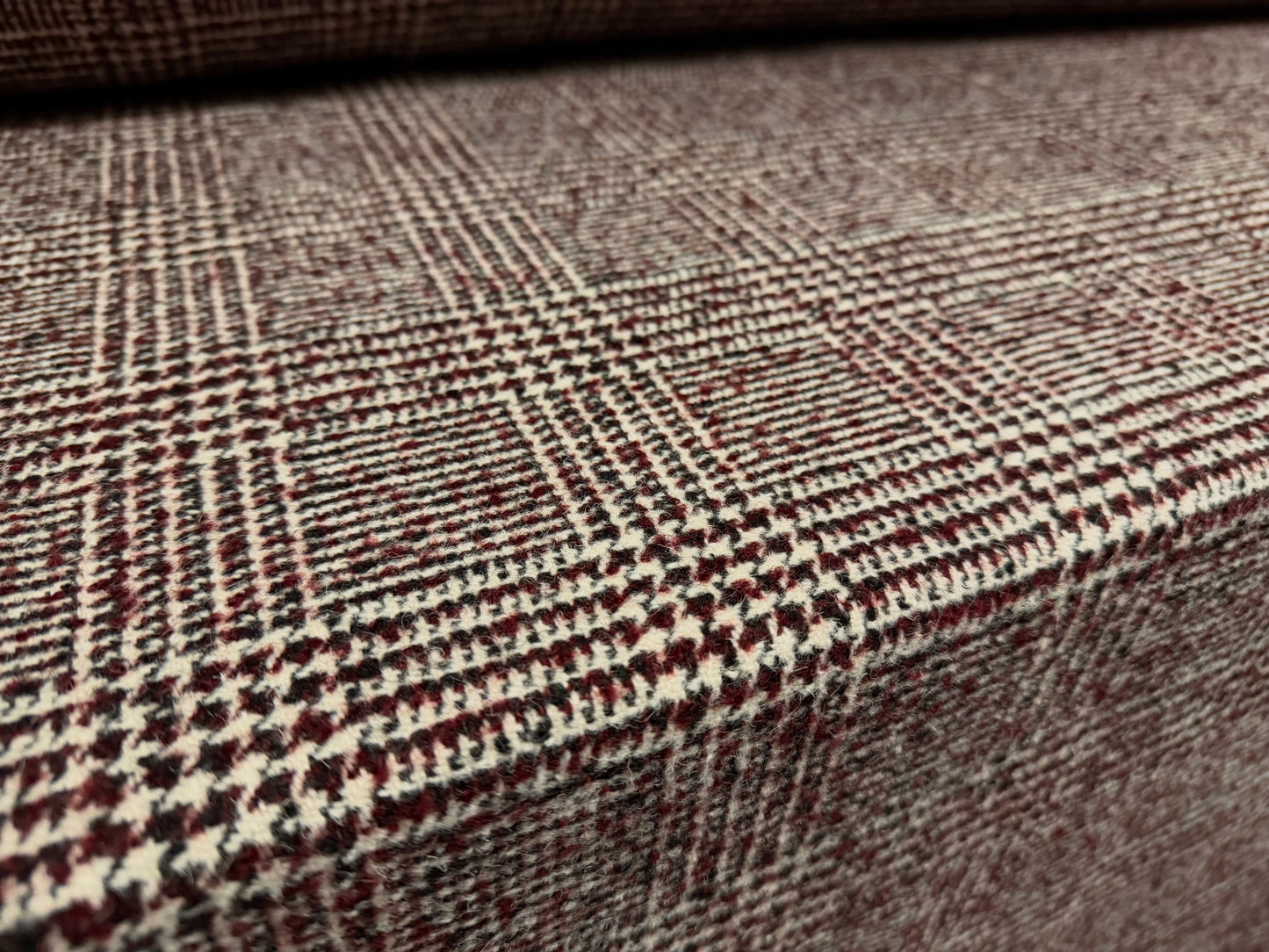 Wool blend bouclé coat jacket fabric, per metre - check design - black & wine