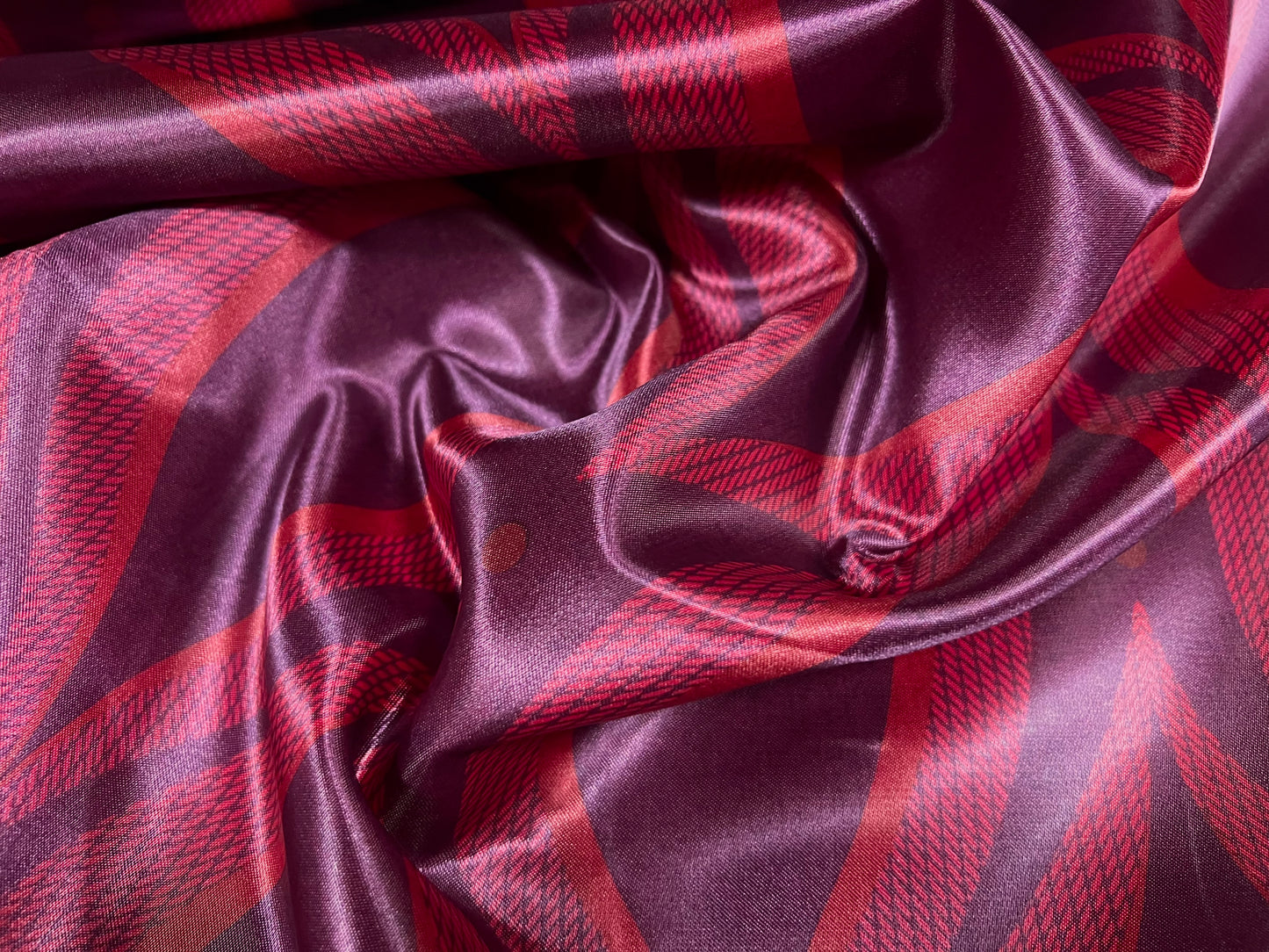 Silky Satin woven dress fabric, per metre - wave print - purple & fuchsia