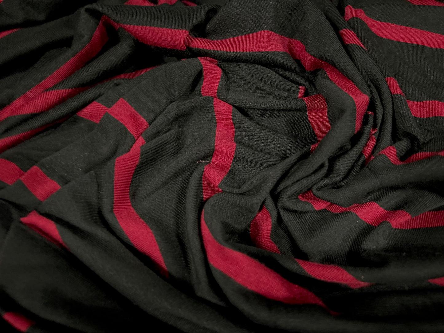 Viscose spandex stretch single jersey fabric, per metre - stripe - black & blood red