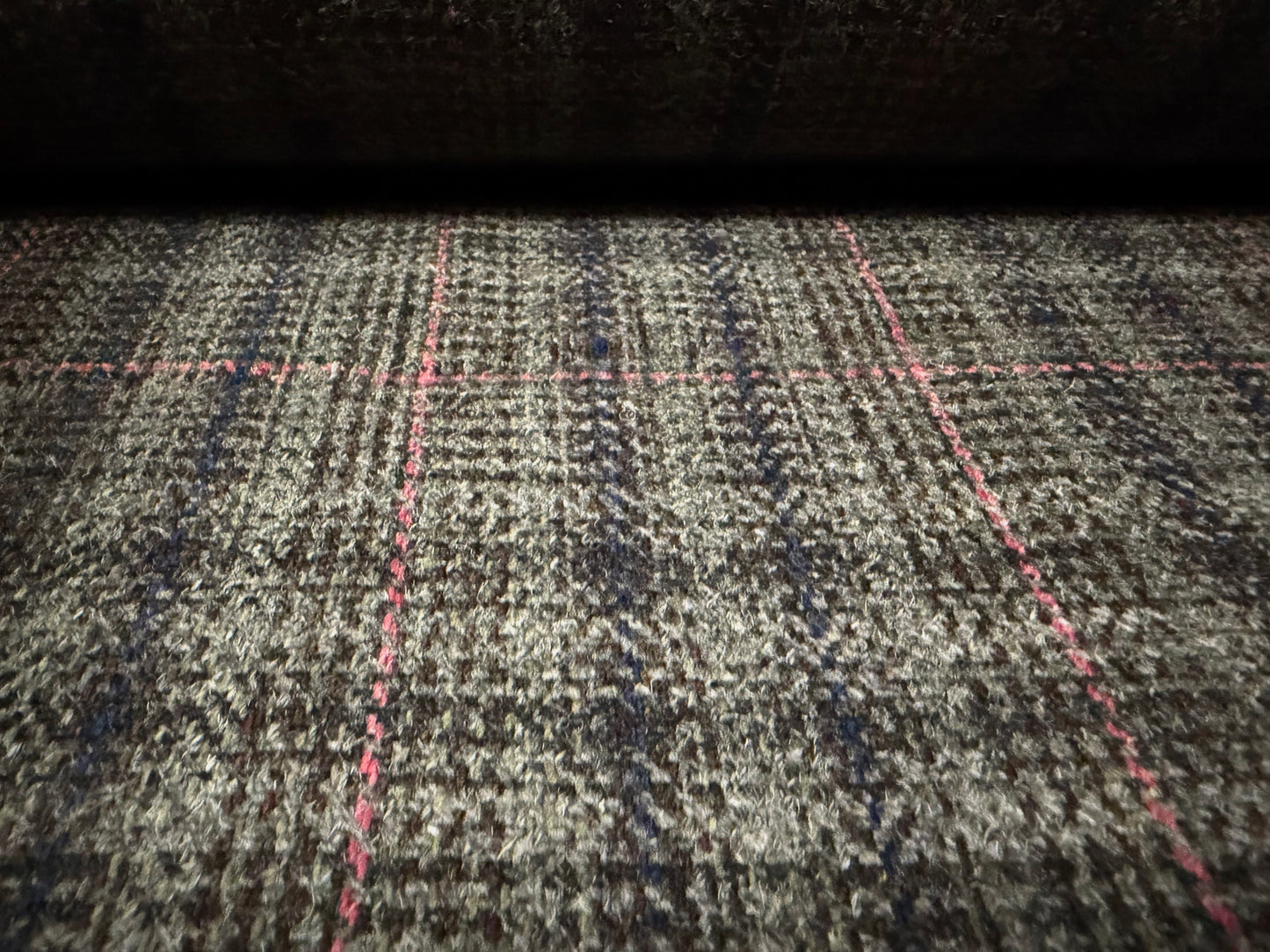 Wool tweed fabric, per metre - tartan check - grey pink & navy