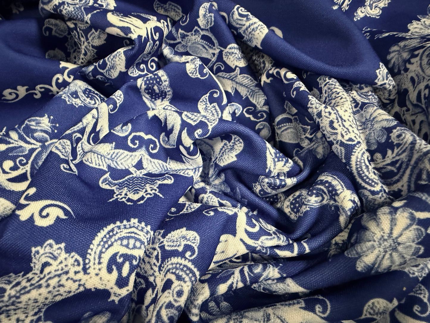 Toledo double jersey fabric, per metre - damask print - Royal Blue