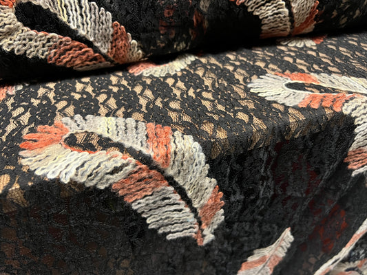 Couture lace fabric with feather appliqué, per metre - black ivory & terracotta