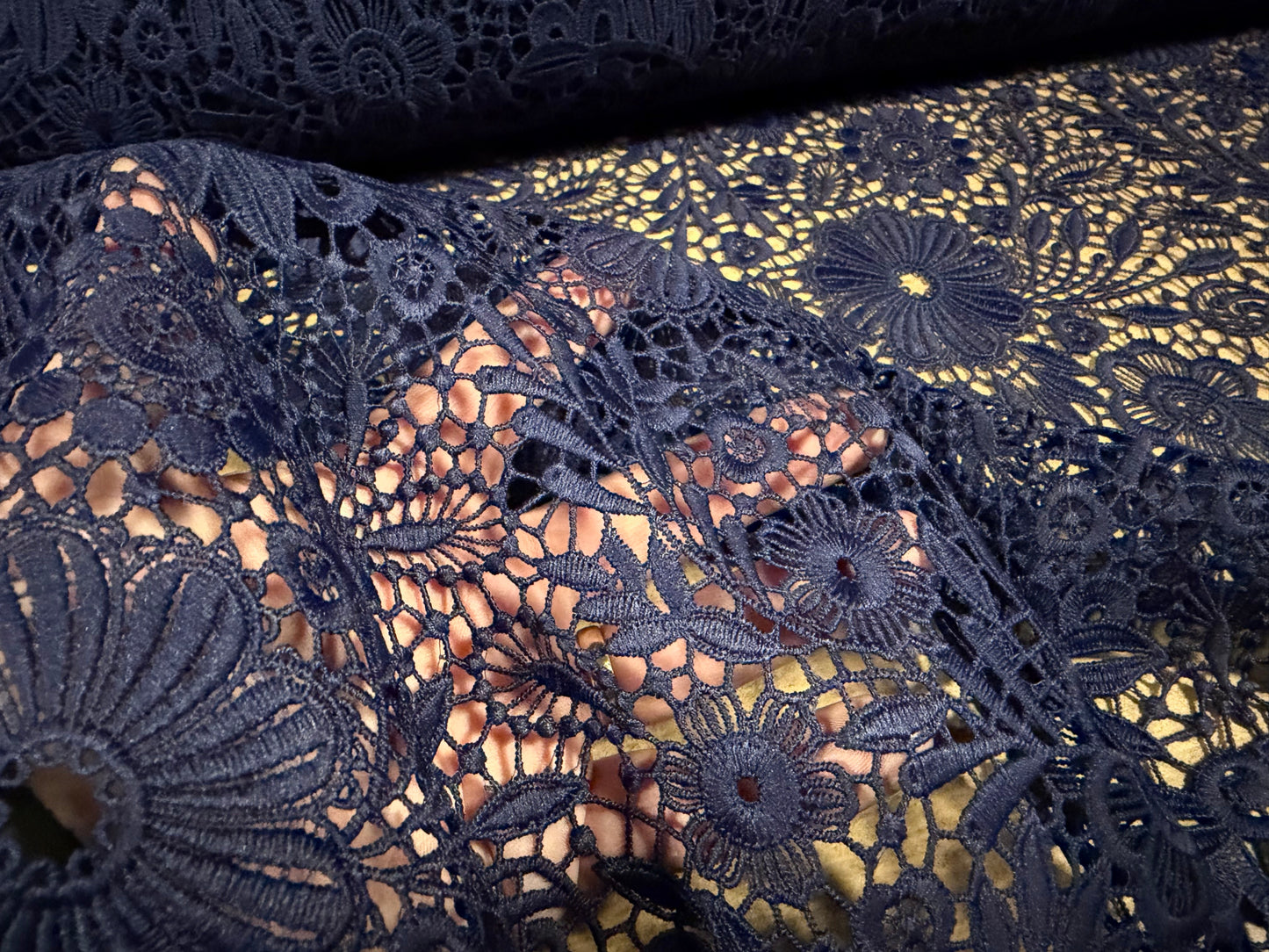 Cutwork embroidered couture lace dress fabric with decorative border, per metre - floral - navy