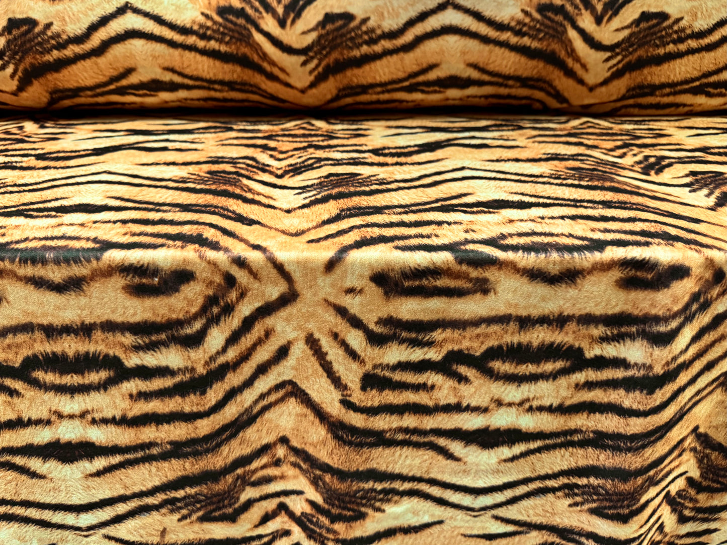Stretch piqué double jersey fabric, per metre - tiger print - gold