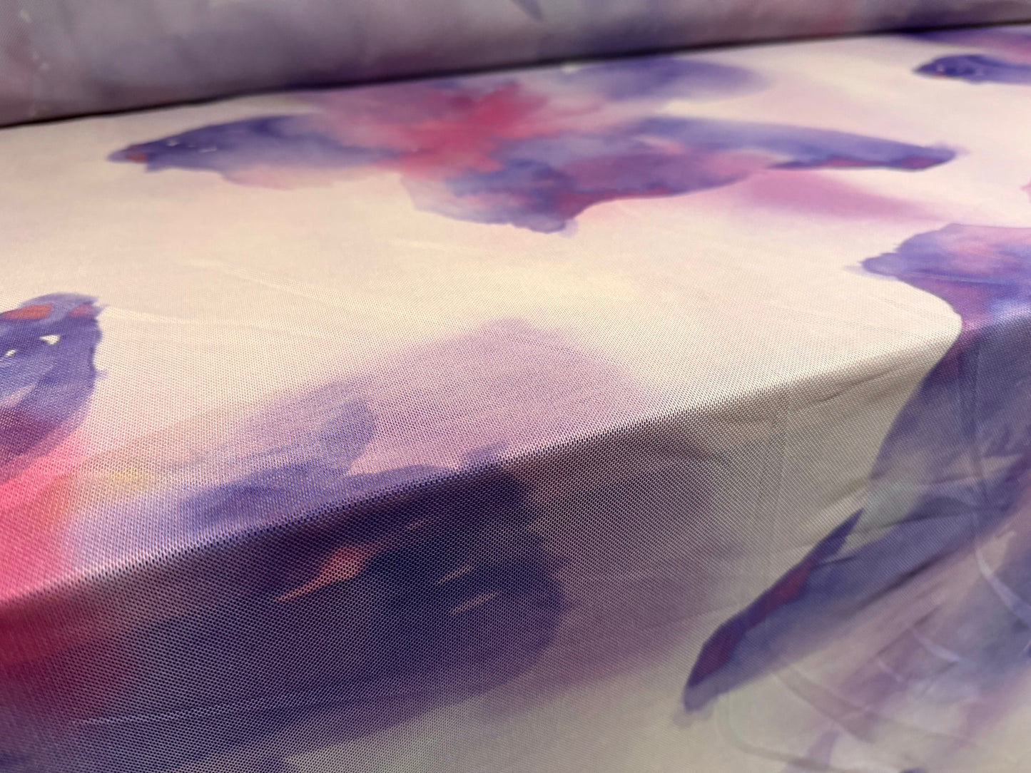 Power mesh net stretch spandex fabric, per metre - floral print - lilac & lavender