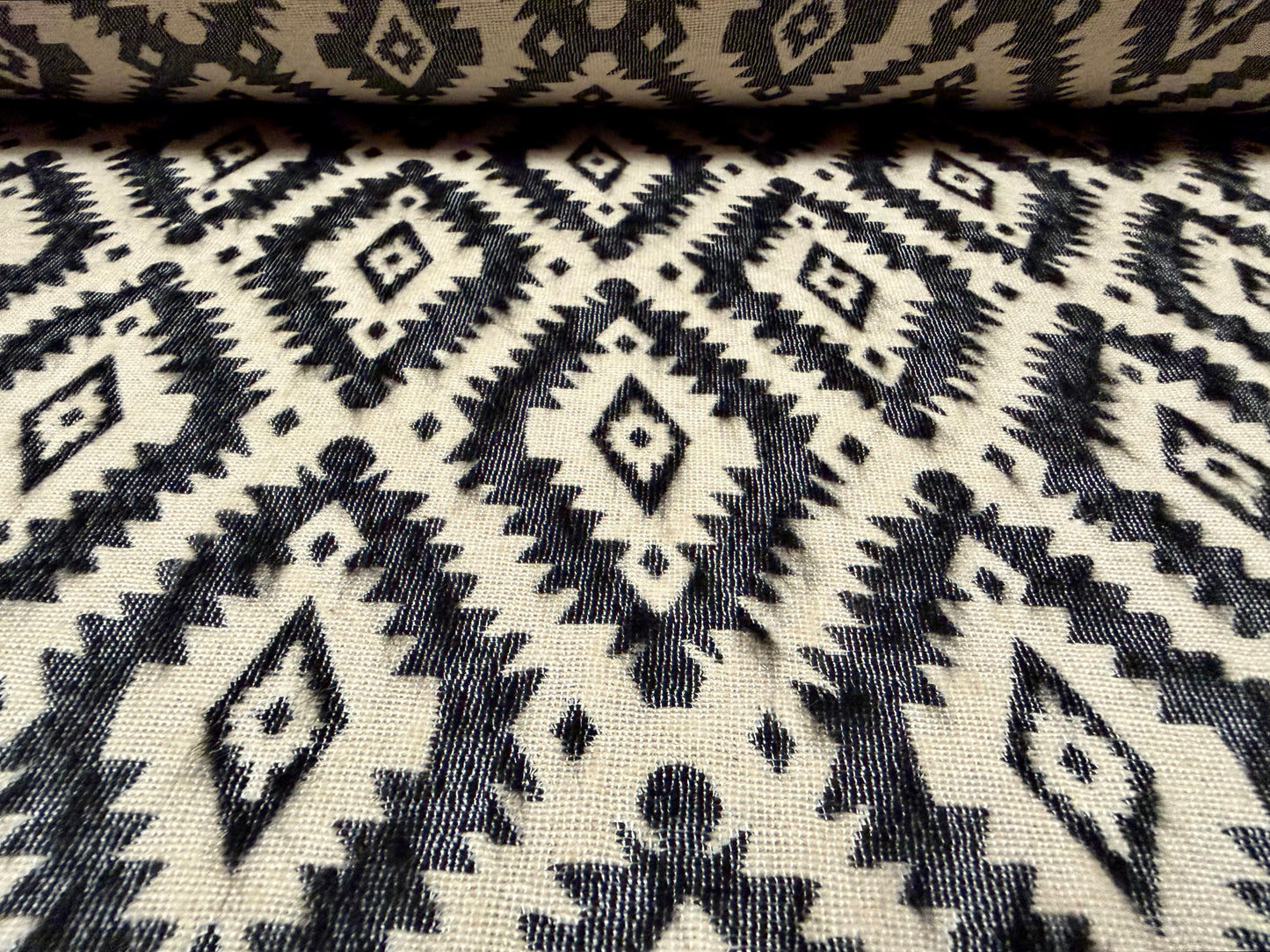 Heavyweight wool coat weight fabric, per metre - Aztec jacquard - charcoal & cream
