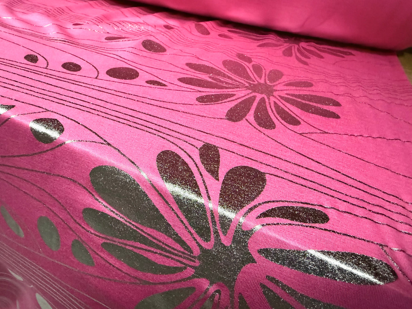Stretch single jersey fashion fabric, per metre - metallic double border floral print - pink & silver