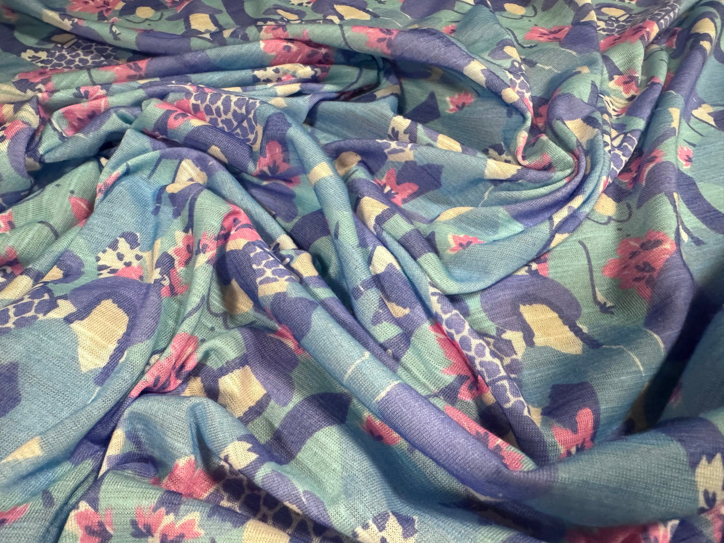 Soft handle slub jersey fabric, per metre - women and flowers print - blue & lavender
