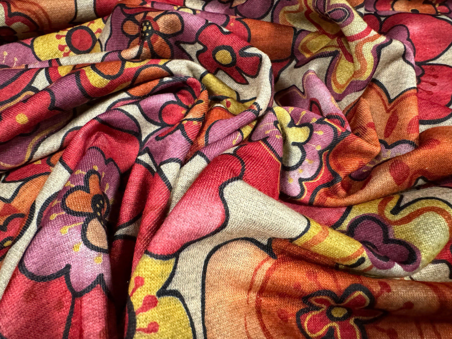 French Terry loopback sweatshirt jersey fabric, per metre - retro flower print - pink & orange