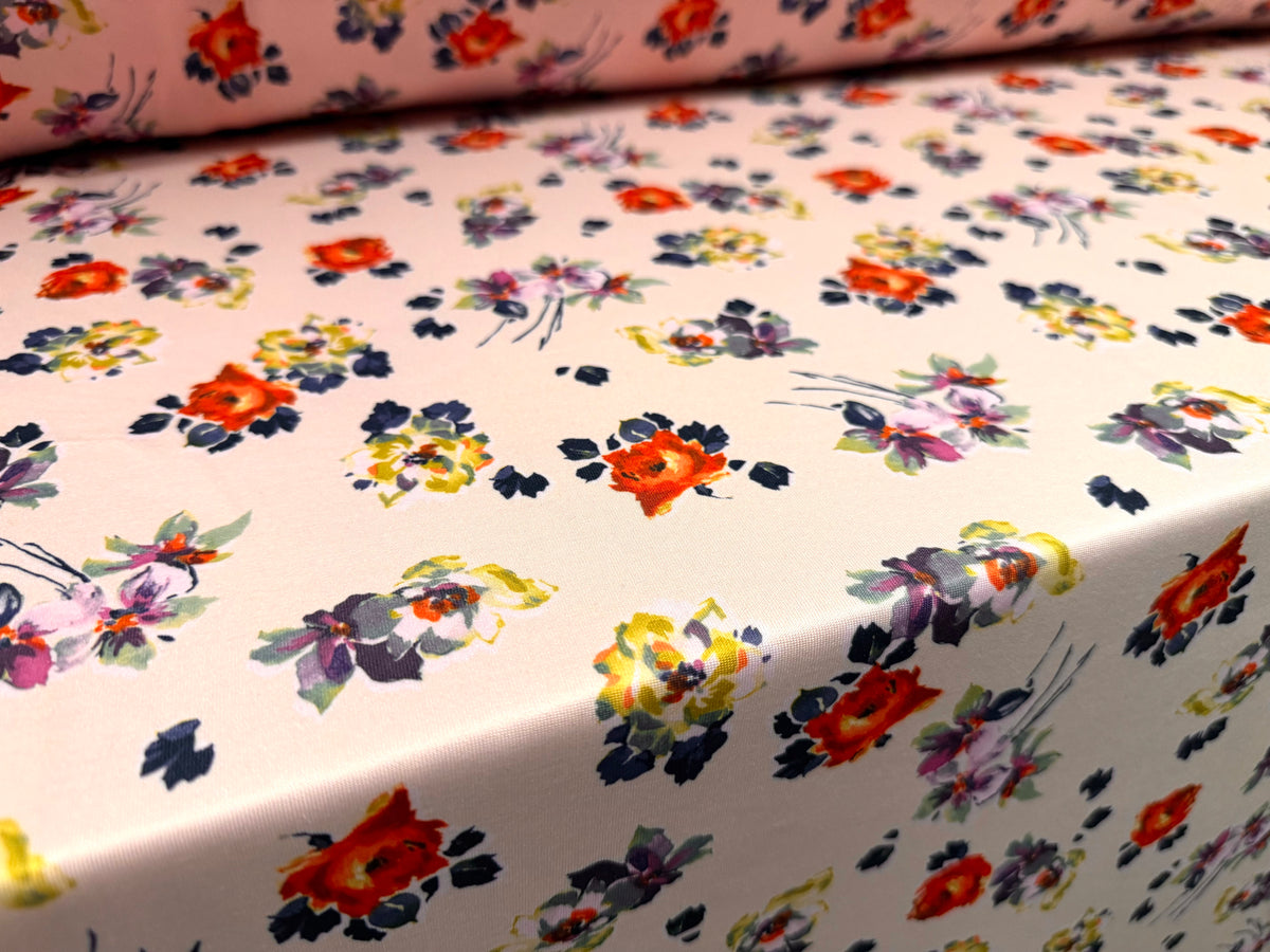Scuba stretch spandex double jersey fabric, per metre - scattered flowers print - pink orange & navy