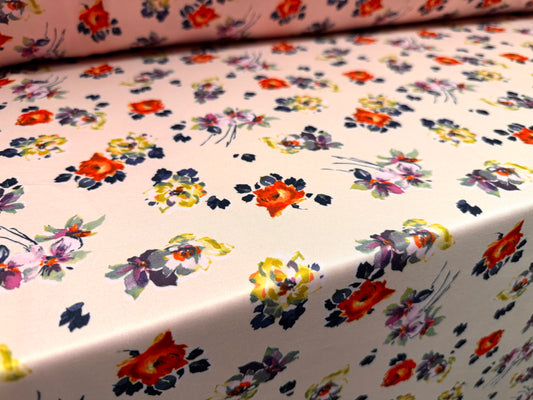 Scuba stretch spandex double jersey fabric, per metre - scattered flowers print - pink orange & navy