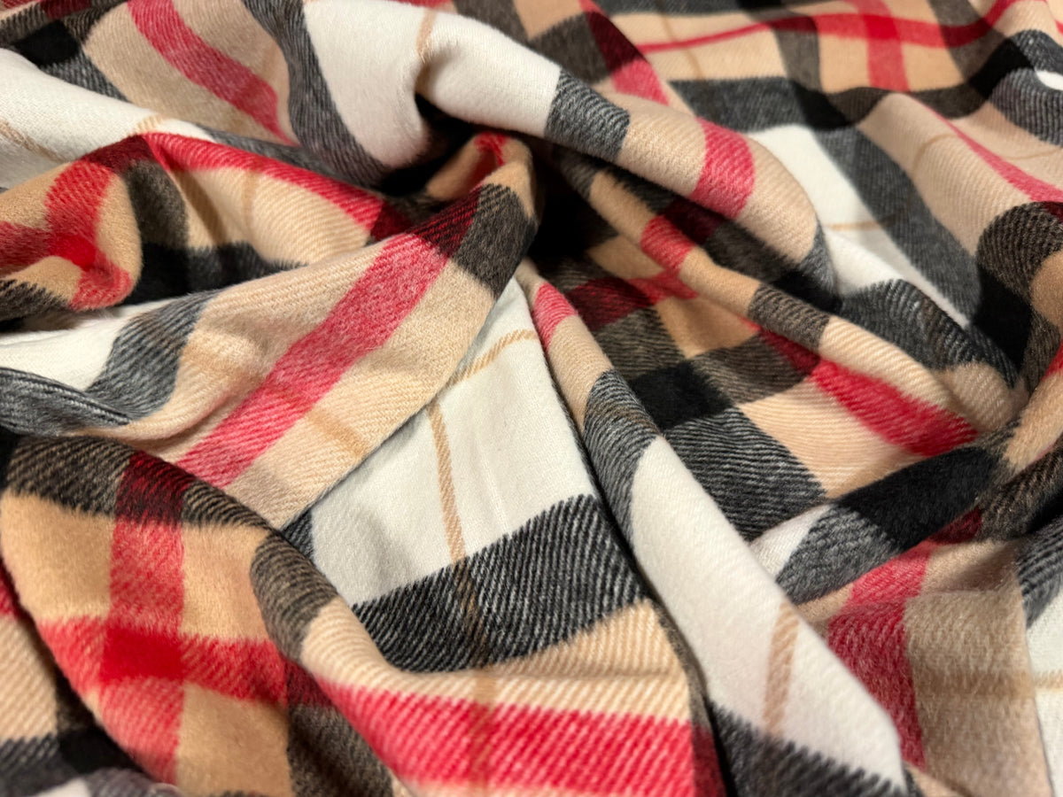 Wool flannel fabric, per metre - British plaid - light brown red & black