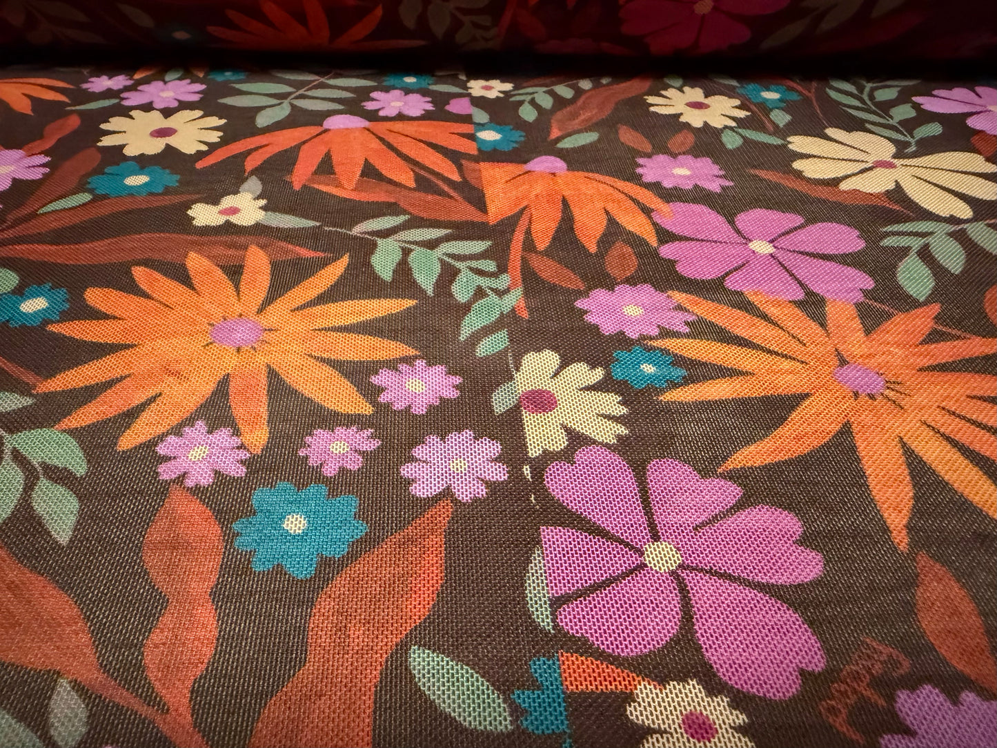 Power mesh net stretch spandex fabric, per metre - popsy floral print - brown orange & pink