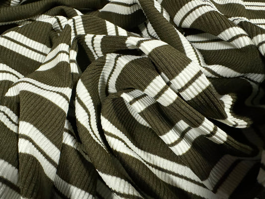 Stretch Spandex rib jersey fabric, per metre - stripe - khaki & white