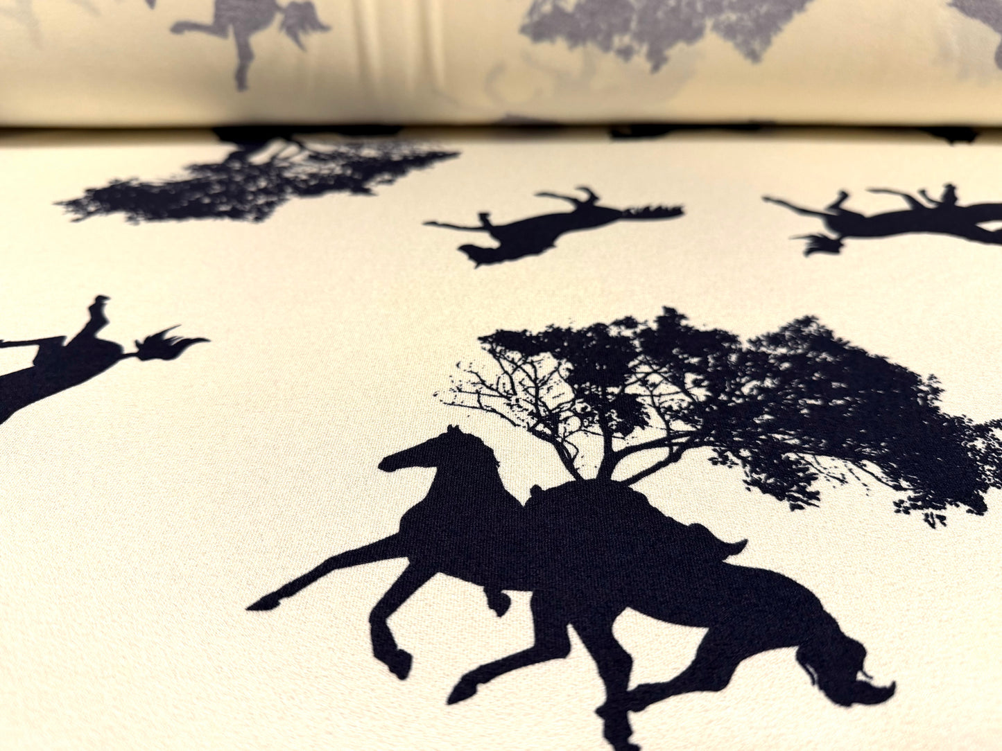 Viscose spandex crepe jersey fabric, per metre - wild horses print - cream & navy