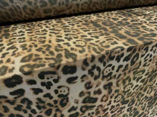 Power mesh net stretch spandex fabric, per metre - leopard animal print - stone & brown