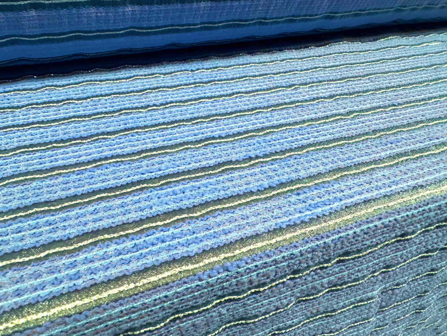 Metallic crepe fabric, per metre - burnout stripe - blue & gold lurex