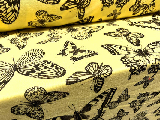 French Terry loopback sweatshirt jersey fabric, per metre - butterflies print - lemon