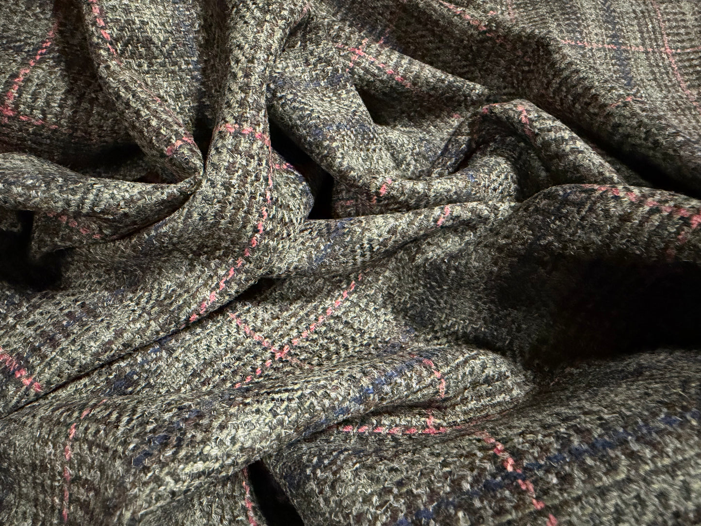 Wool tweed fabric, per metre - tartan check - grey pink & navy