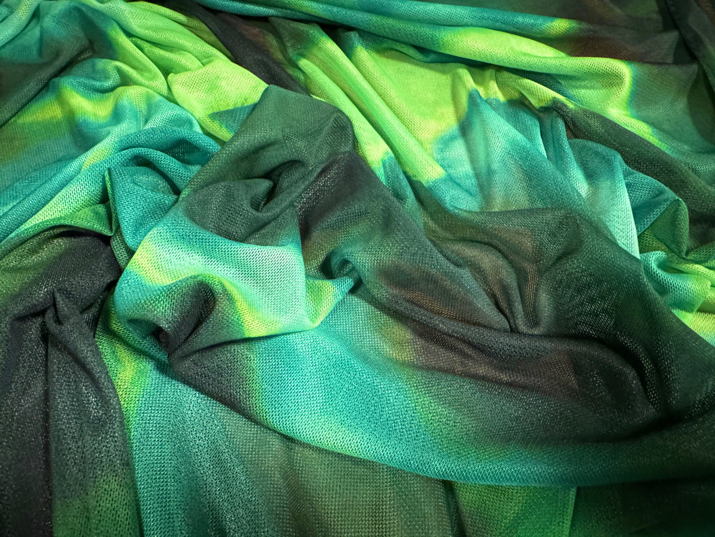 Power mesh net stretch spandex fabric, per metre - abstract smudge print - jade & lime green