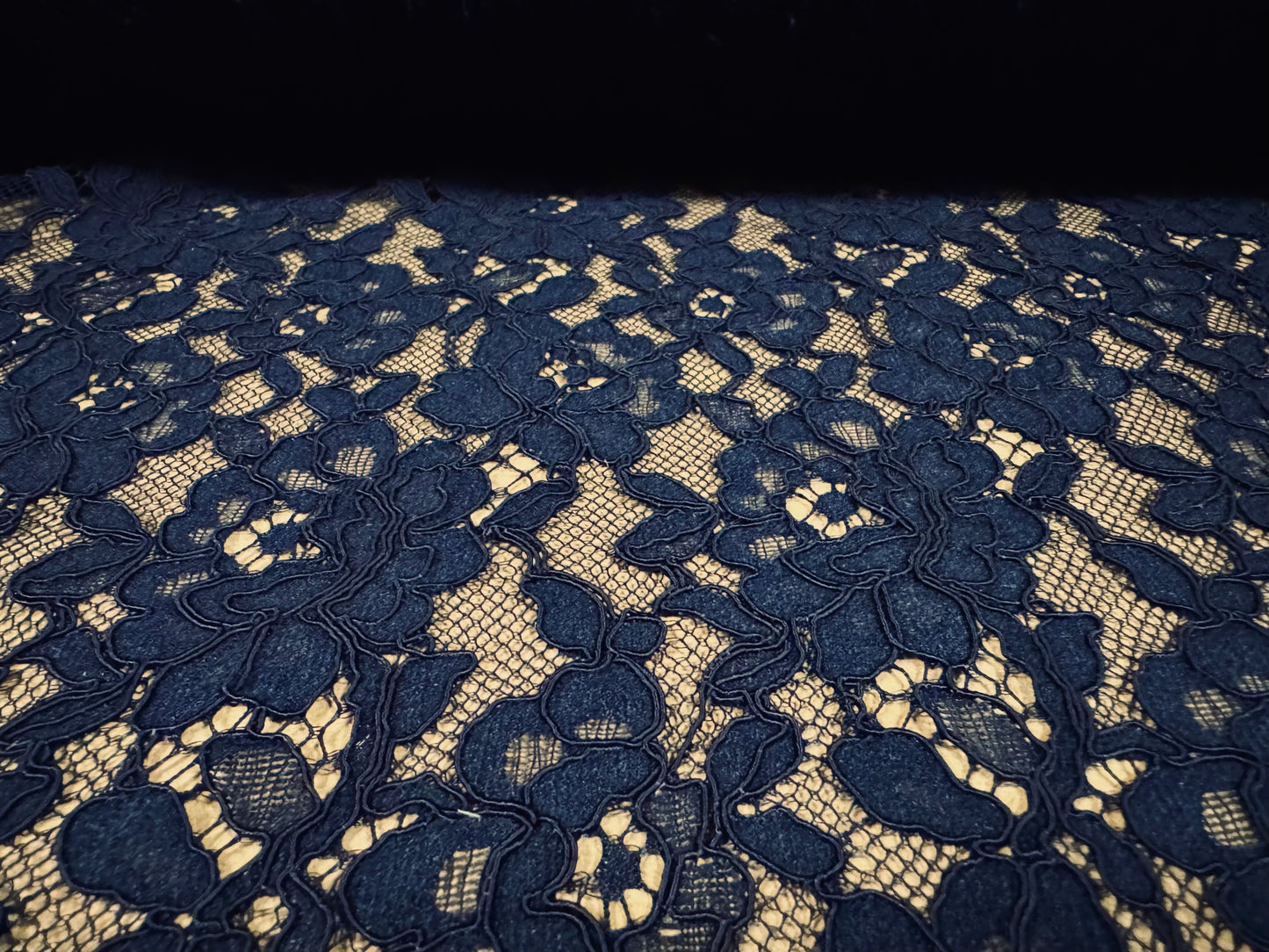 Heavy corded Alencon lace dress fabric, per metre - floral - dark navy blue