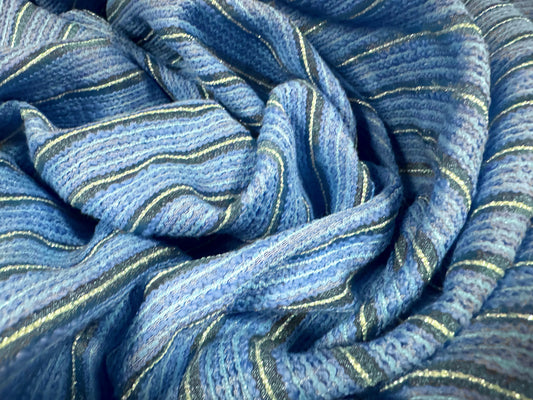Metallic crepe fabric, per metre - burnout stripe - blue & gold lurex
