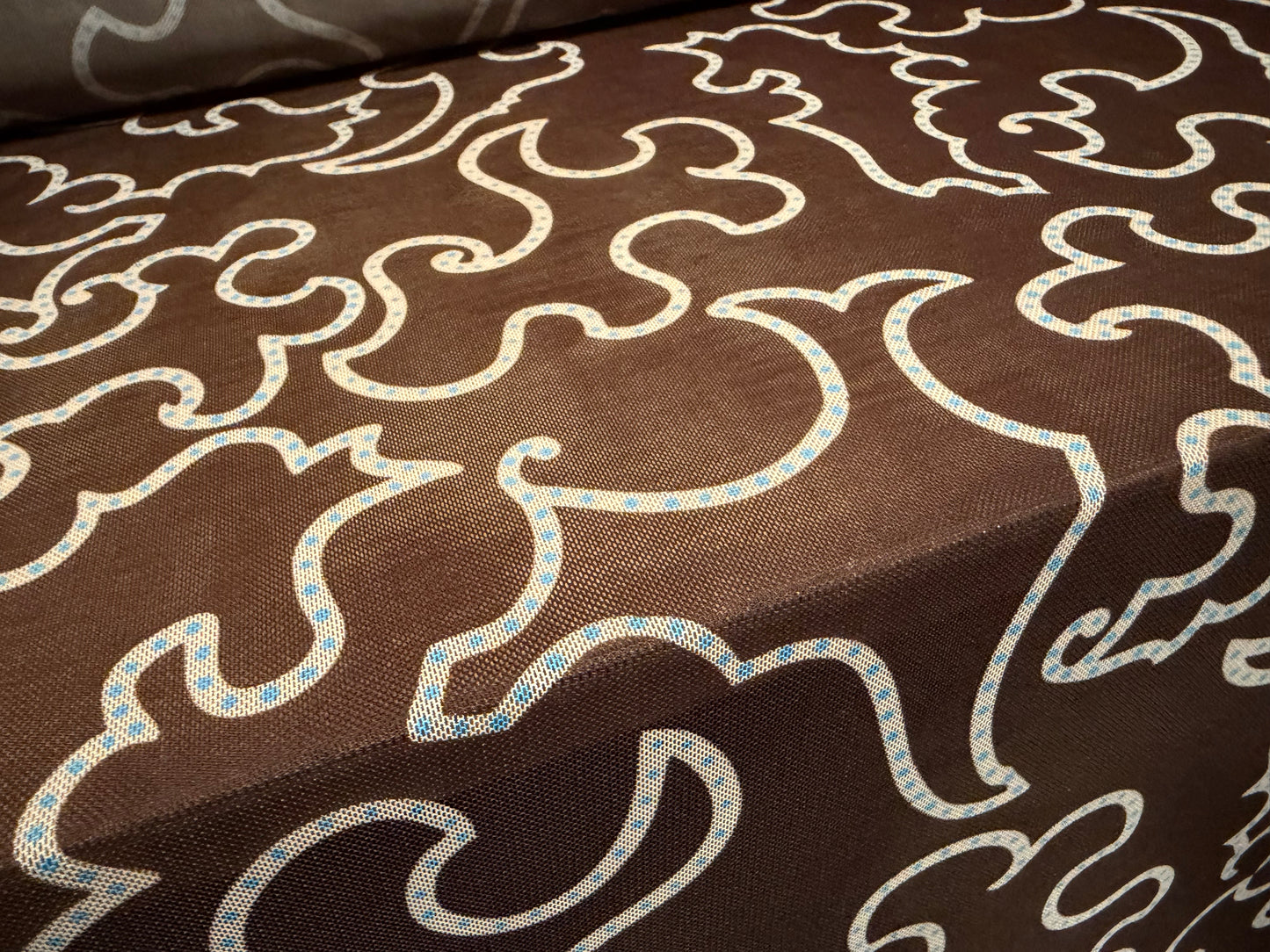 Power mesh net stretch spandex fabric, per metre - abstract print - brown cream & turquoise