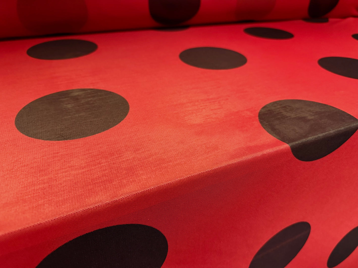 Power mesh net stretch spandex fabric, per metre - jumbo ladybird polka dot print - red & black