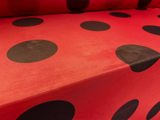 Power mesh net stretch spandex fabric, per metre - jumbo ladybird polka dot print - red & black