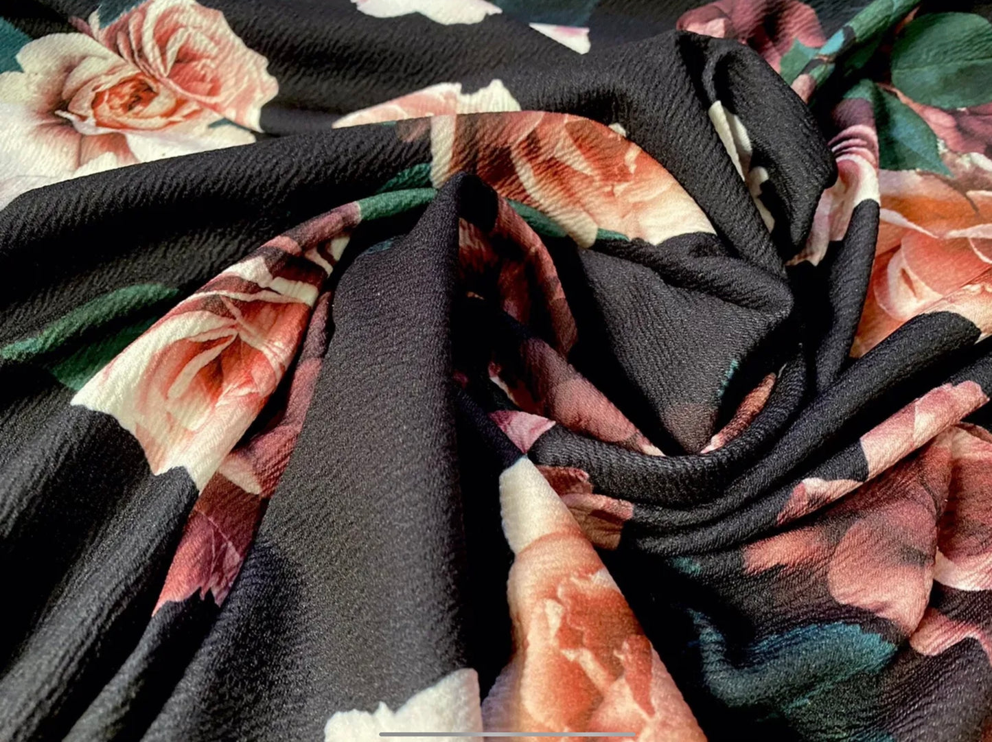 Scuba textured ‘Liverpool’ stretch spandex jersey fabric, per metre - roses print - black