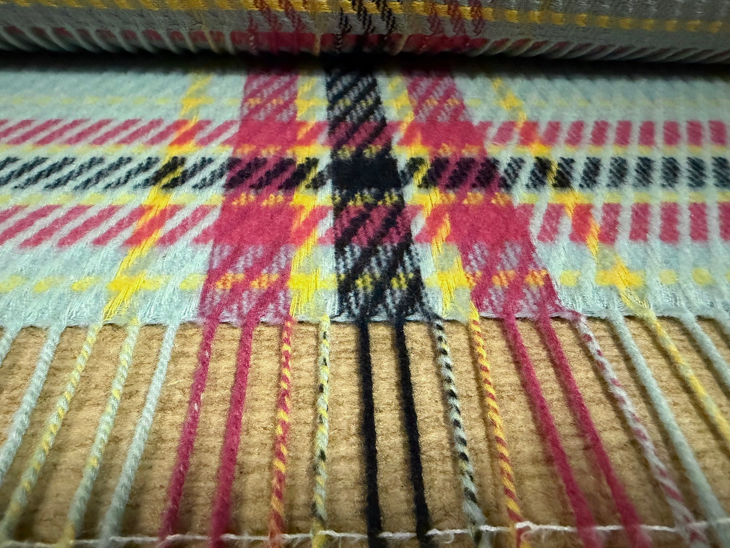 Heavyweight wool fringe flannel fabric, per metre - tartan - aqua & cerise