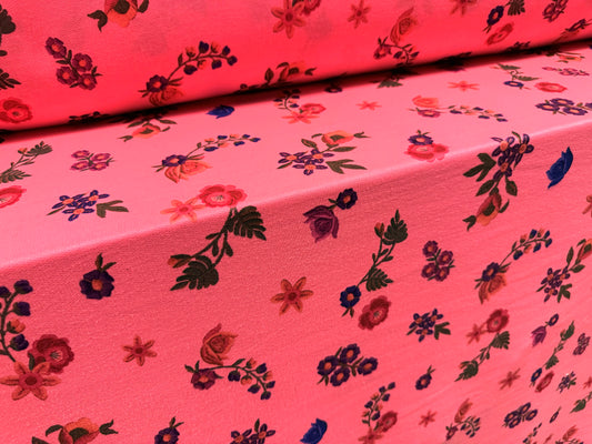 French Terry loopback sweatshirt jersey fabric, per metre - pretty flowers print - bright pink