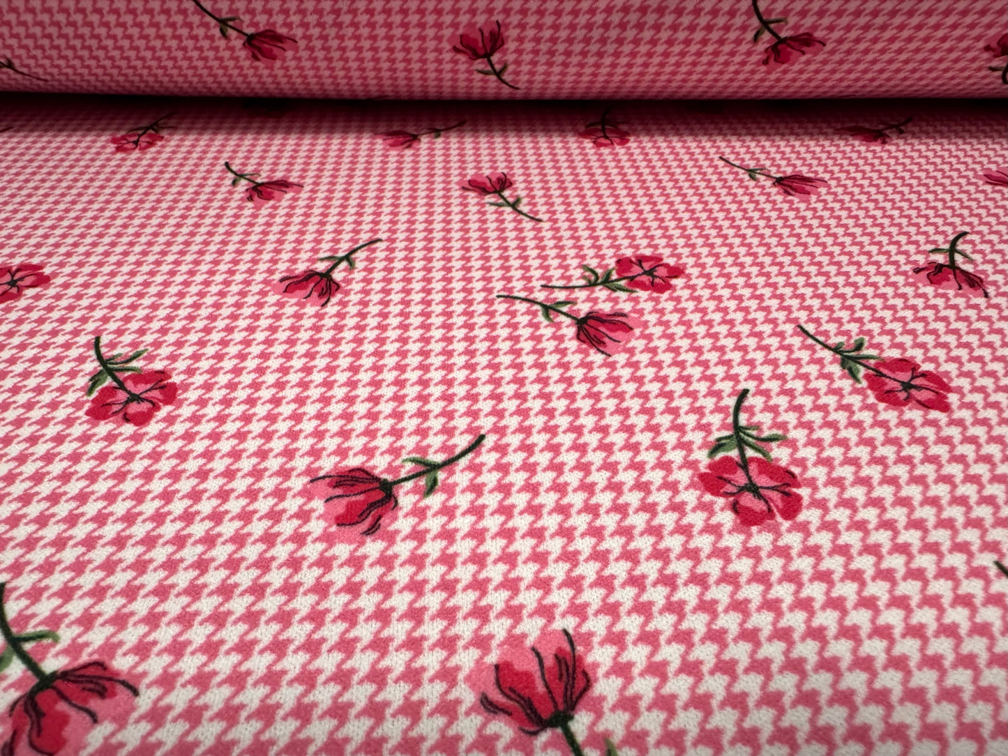 Scuba stretch spandex double jersey dress fabric, per metre - floral puppytooth print - pink
