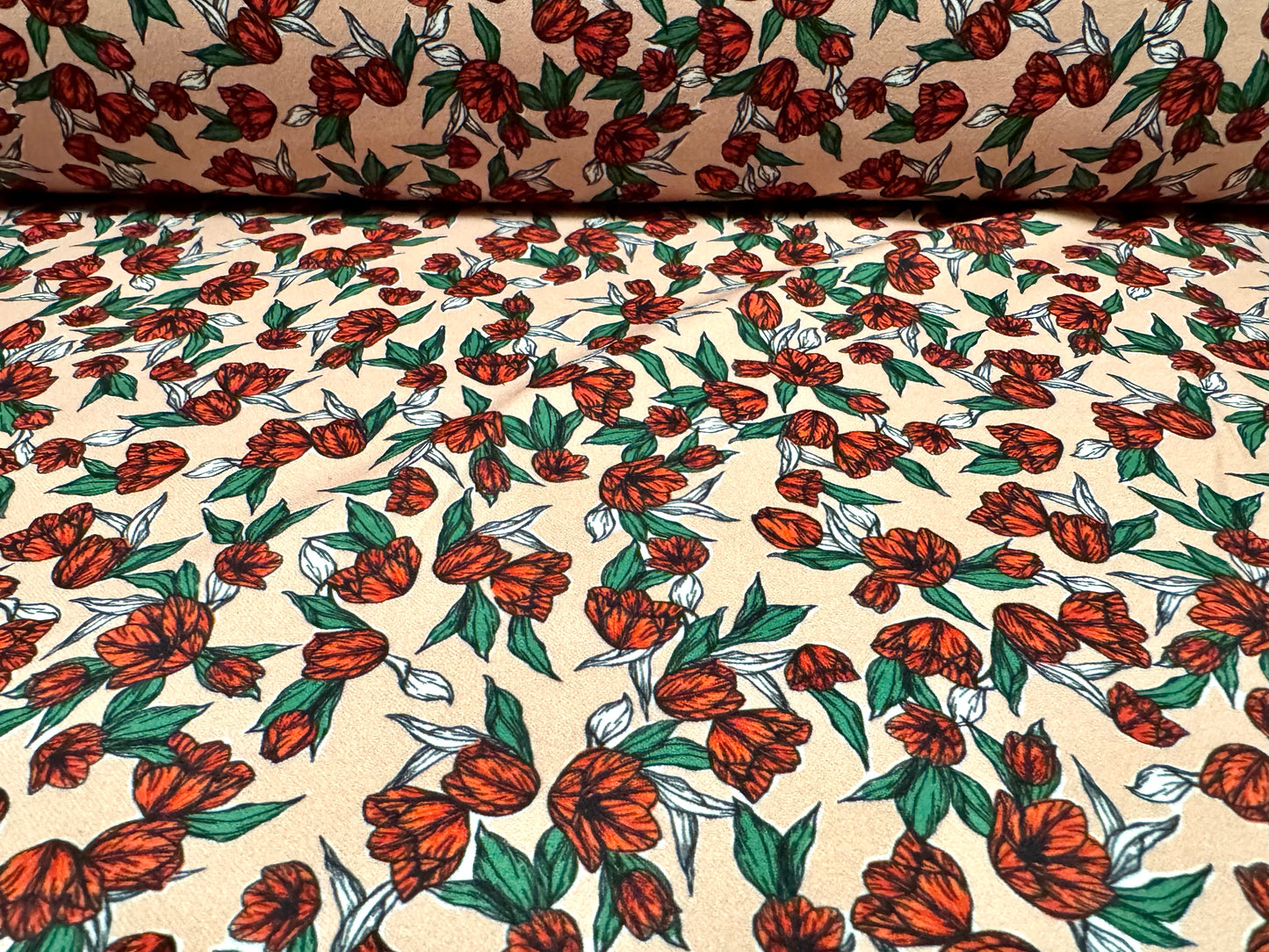 Scuba crepe stretch spandex double jersey fabric, per metre - ditsy tulip print - nude & Red